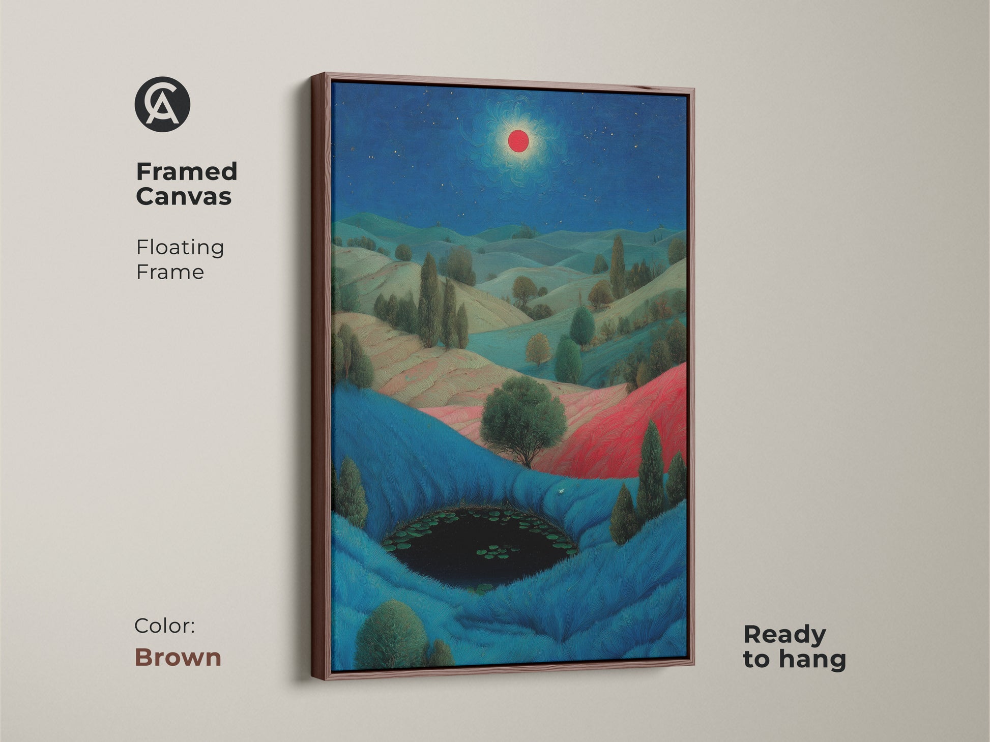 A beautiful dreamy bedroom wall decor. It is a surreal landscape canvas with a pond and starry night. The vivid blue and red art is perfect as a housewarming gift. A great gift for art lovers.