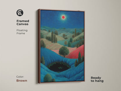 A beautiful dreamy bedroom wall decor. It is a surreal landscape canvas with a pond and starry night. The vivid blue and red art is perfect as a housewarming gift. A great gift for art lovers.