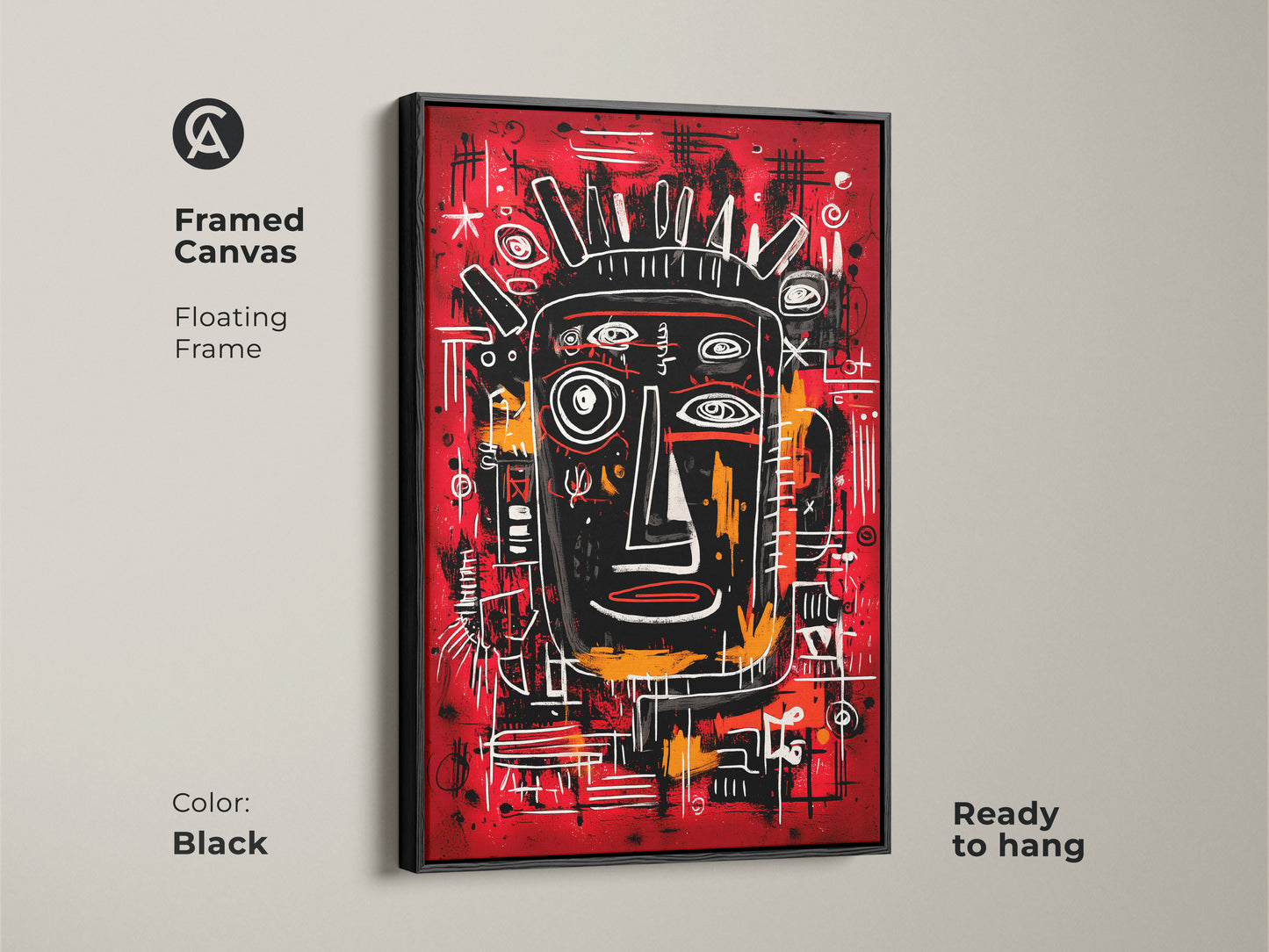 Framed canvas with a floating frame. The artwork features an abstract face. The frame is black and ready to hang. This piece adds a touch of modern sophistication to any space with its bold lines.