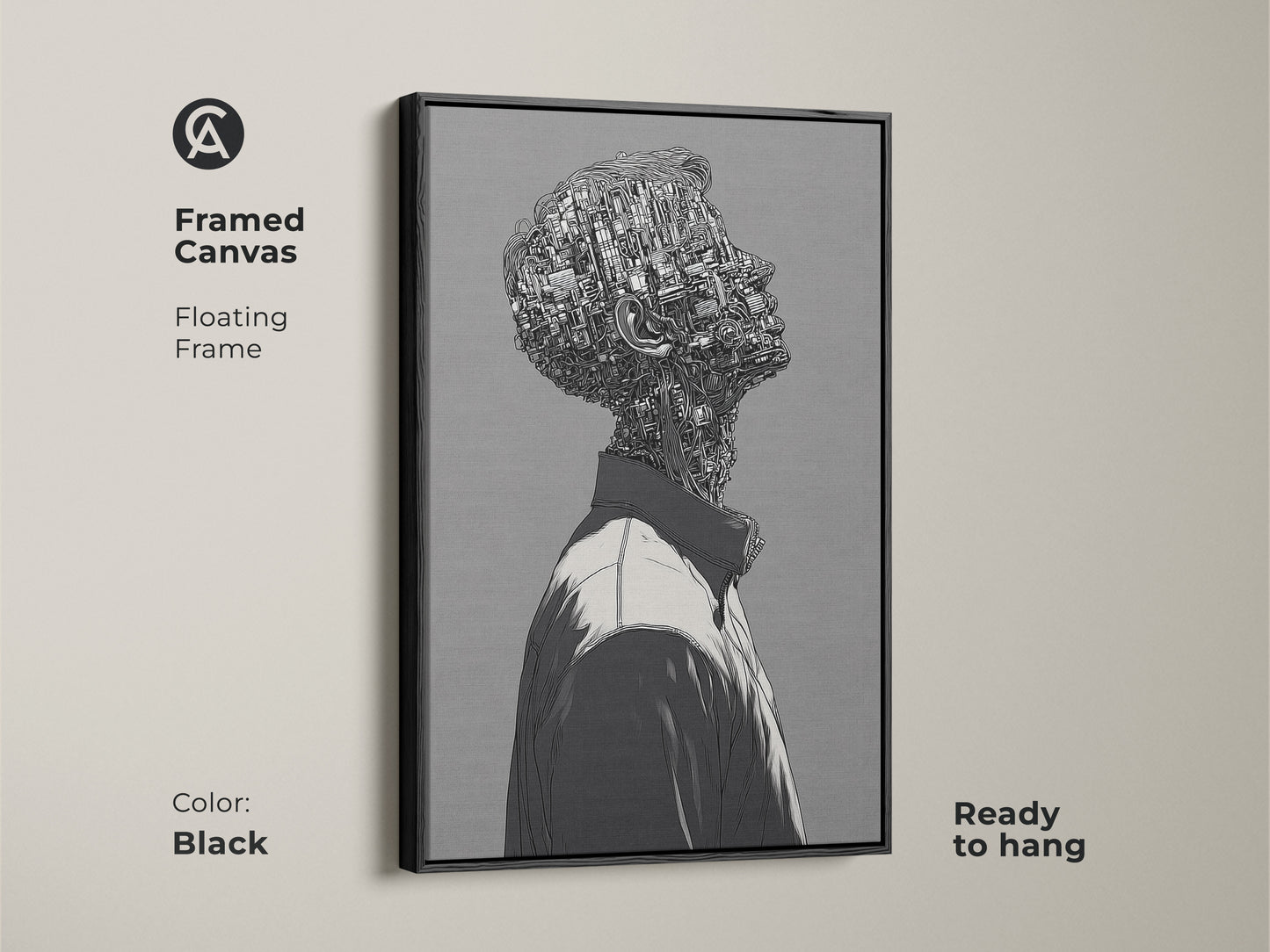 Framed canvas print of a cyborg man. The artwork is in a black floating frame. This ready-to-hang piece adds a modern touch. Enhance your wall decor with this unique piece of art.