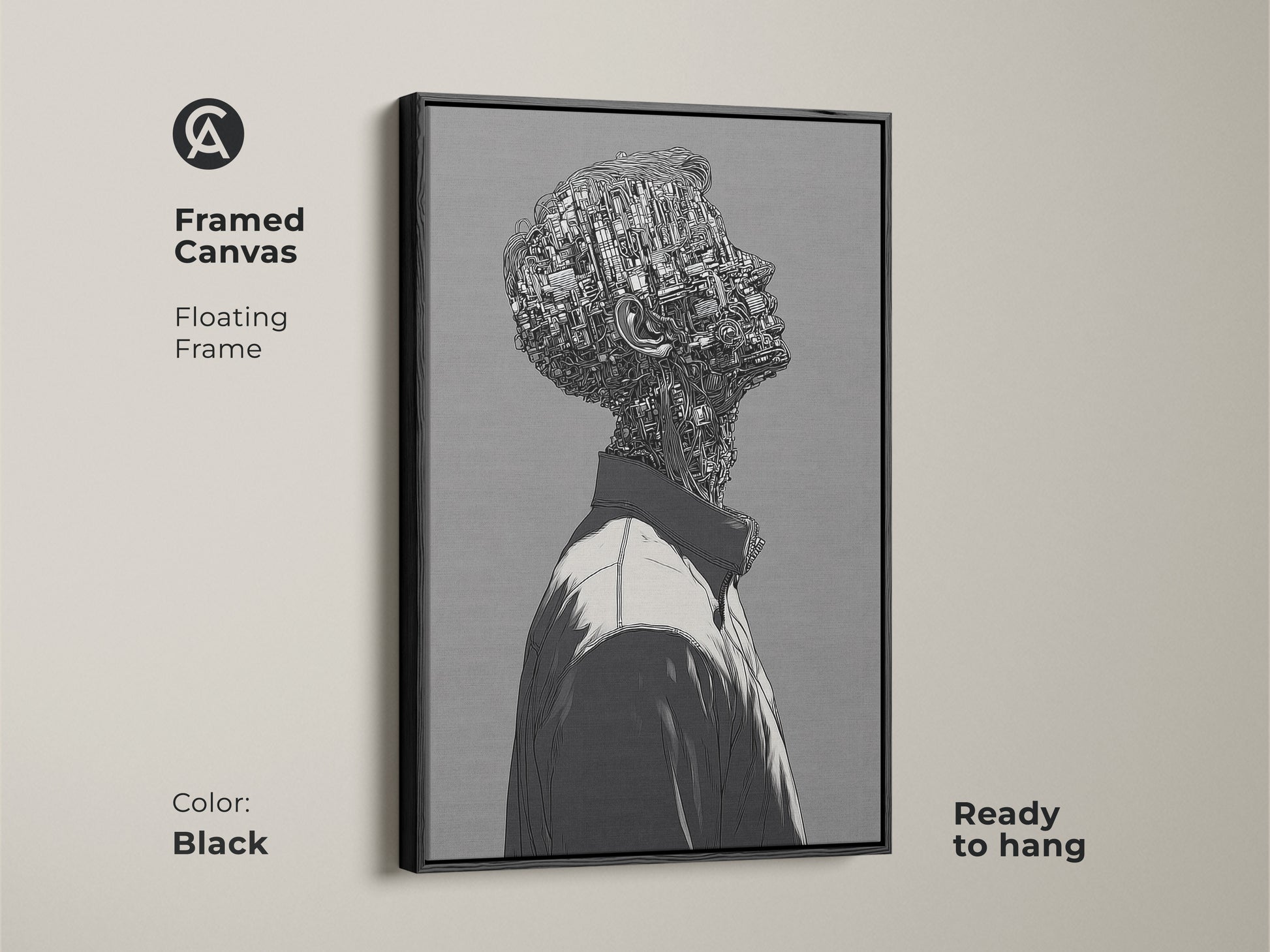 Framed canvas print of a cyborg man. The artwork is in a black floating frame. This ready-to-hang piece adds a modern touch. Enhance your wall decor with this unique piece of art.