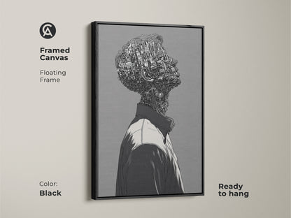 Framed canvas print of a cyborg man. The artwork is in a black floating frame. This ready-to-hang piece adds a modern touch. Enhance your wall decor with this unique piece of art.