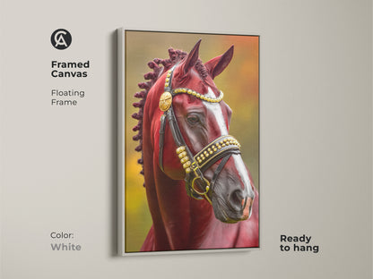 Framed canvas with a white floating frame showcasing a beautiful maroon horse art print. This classic equestrian portrait features a traditional maroon and gold bridle. Ready to hang its perfect animal artwork for a sophisticated home.