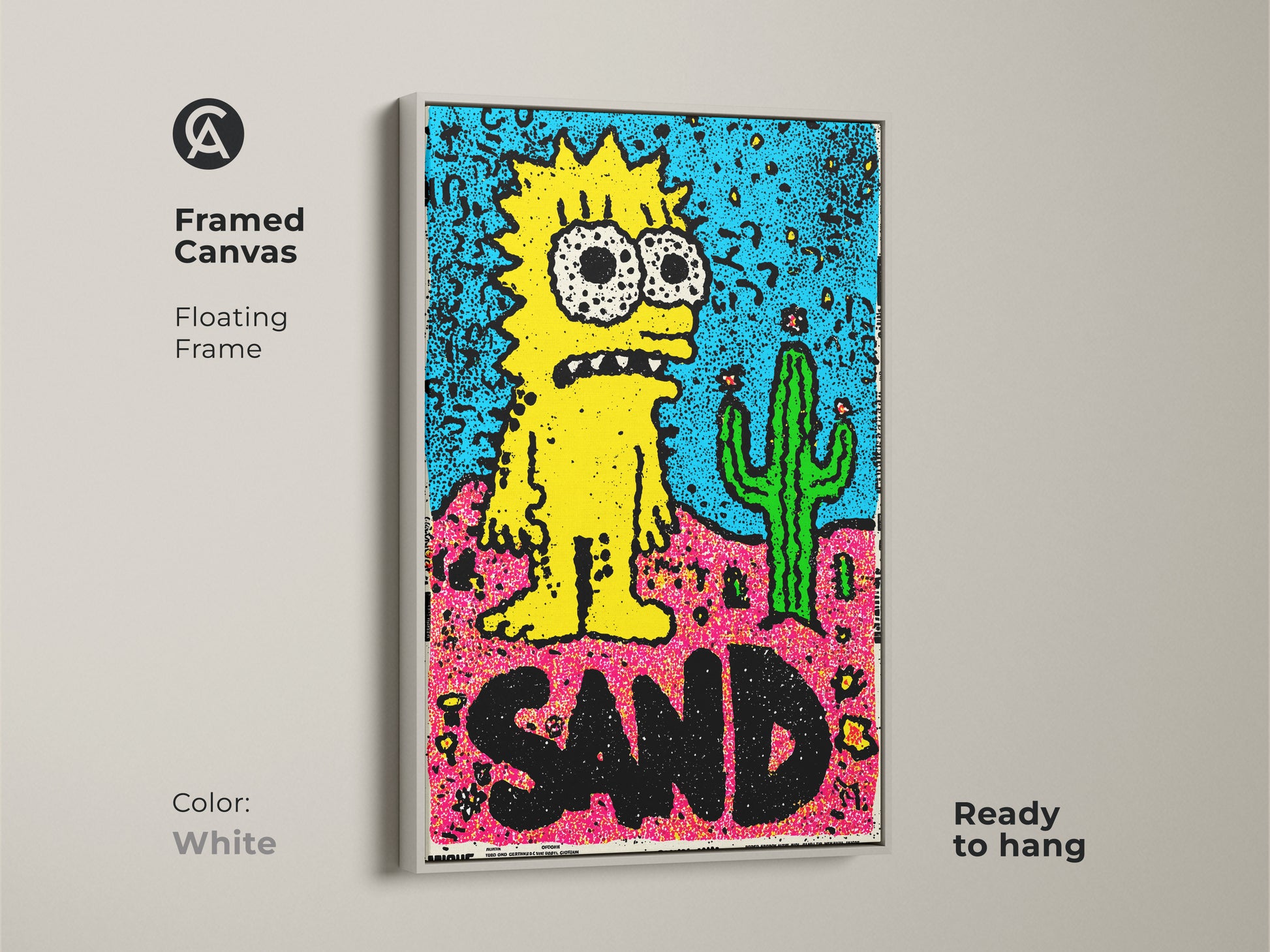White Framed Canvas Simpsons Inspired Art. This floating frame accents the artwork of a yellow cartoon character and a cactus. The framed canvas is ready to hang offering a clean look.