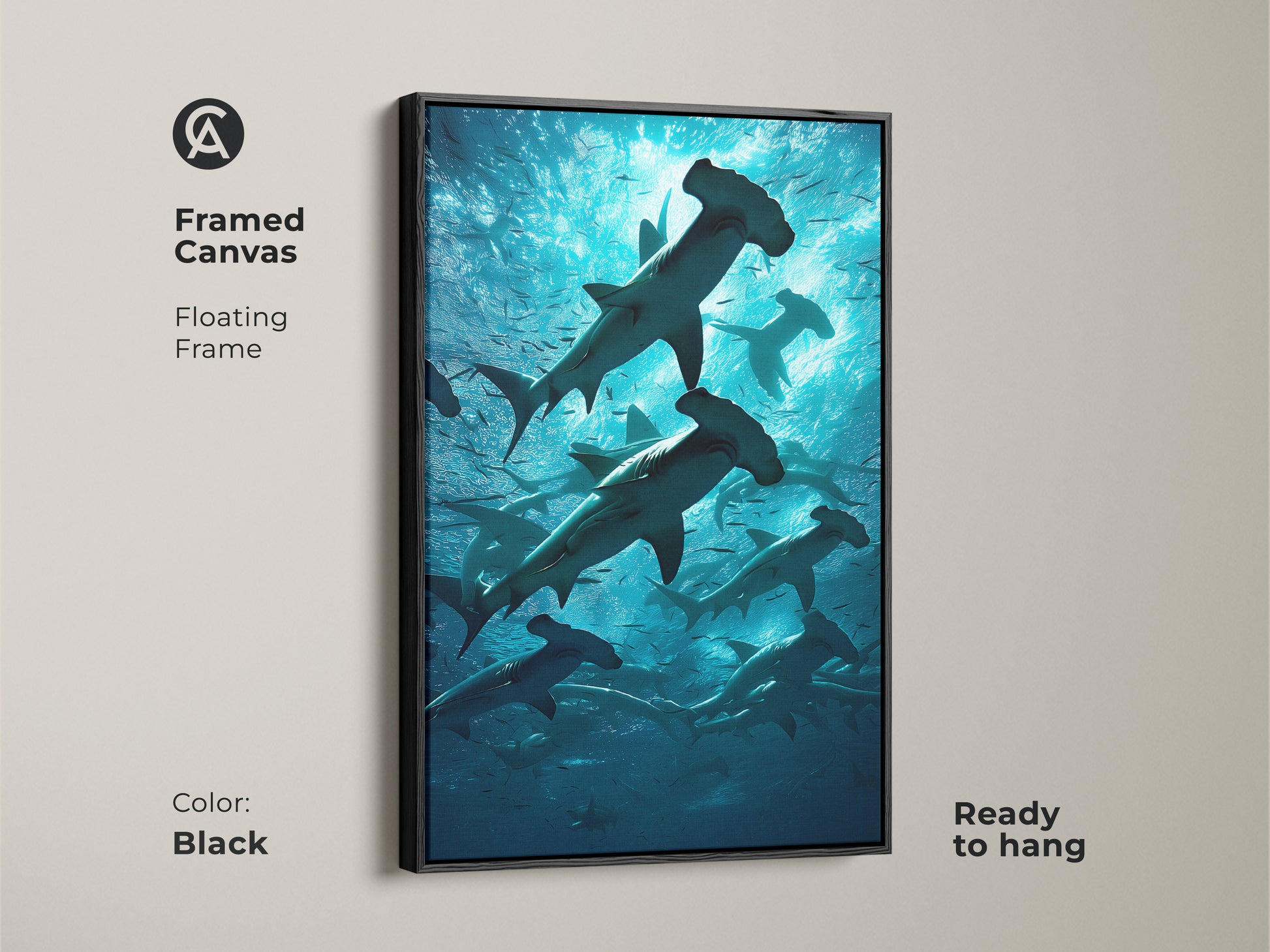 Framed canvas art with a black floating frame. This underwater ocean artwork shows a school of hammerhead sharks. Ready to hang this marine life print adds aqua teal deep blue to your home.
