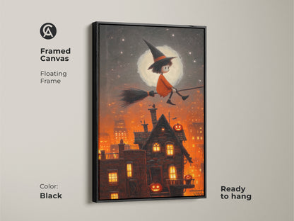 A framed canvas of a Halloween witch flying over a spooky cityscape. The black floating frame art is ready to hang. This dark orange artwork is great for a kids room. This Halloween wall art will add autumnal magic to any space.