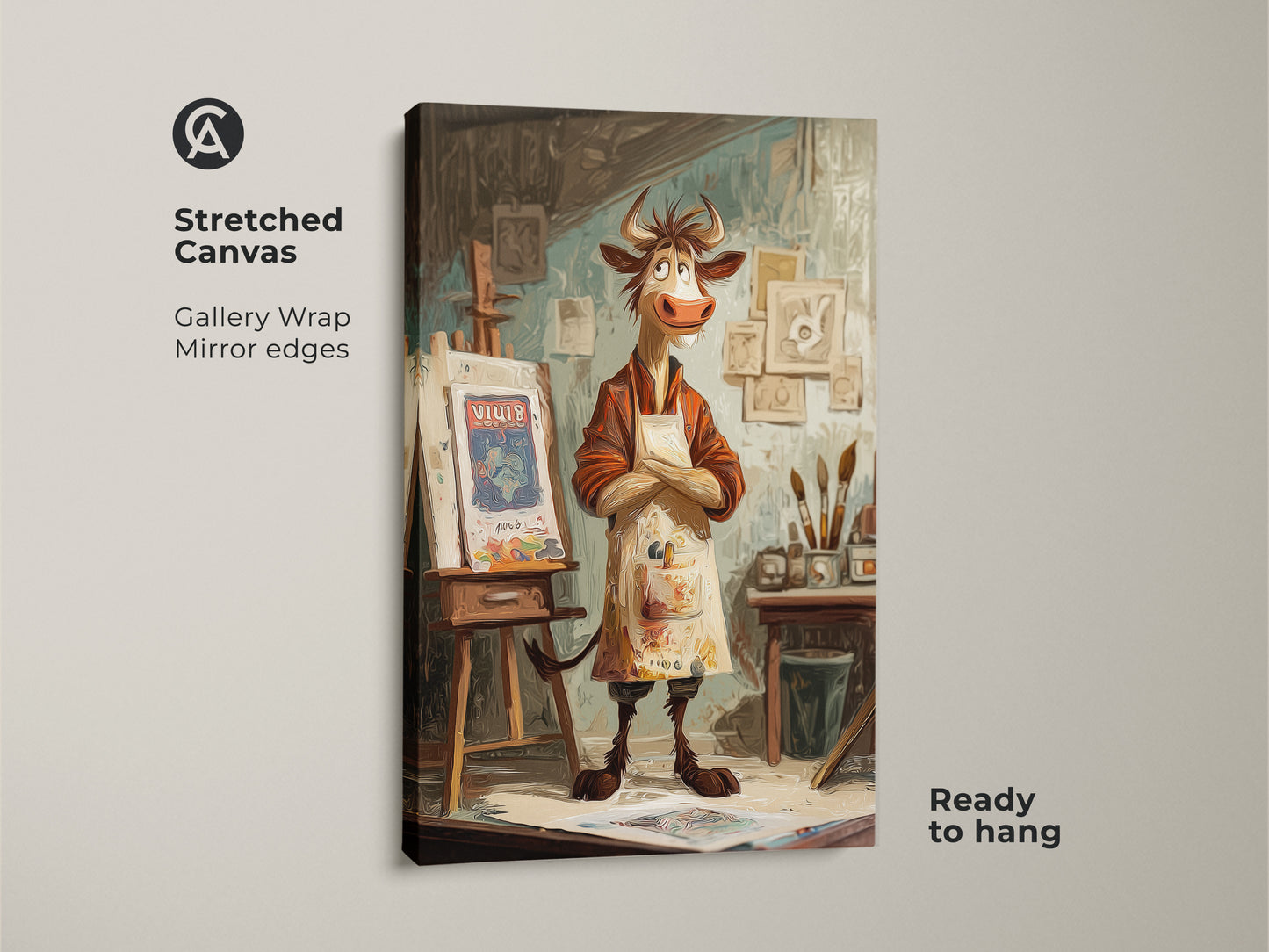 Stretched canvas print of a cartoon cow artist. This whimsical cow wall art is ready to hang. It features a studio easel painting with gallery wrapped mirror edges. This eclectic animal artwork makes a great gift for art lovers.