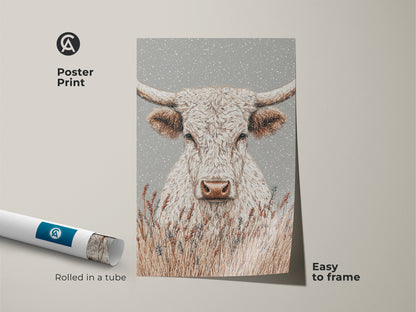Poster print of a white longhorn bull artwork. This stylish art print is easy to frame. Rolled in a tube for protection during shipping. Perfect for adding a touch of western flair.