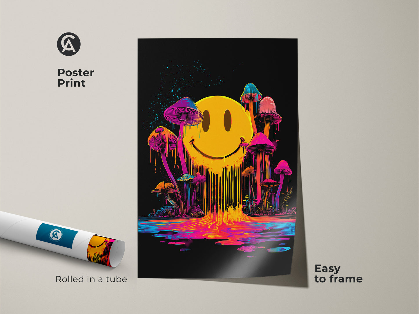 Psychedelic art poster print for sale. The poster features a melting smiley face with dripping neon colors. Mushrooms grow around the smiley face. The art has a black background. This poster print is easy to frame and ships rolled in a tube.