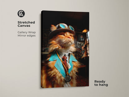 Stretched canvas art print of a ginger cat dressed as a steampunk doctor. The gallery wrap has mirrored edges. It comes ready to hang. This unique artwork brings a touch of whimsy.