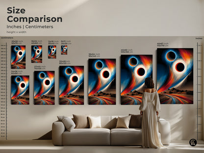 Size comparison of abstract space art prints. Inches and centimeters are shown for canvas options. Perfect as modern abstract artwork for contemporary office decor. It enhances any room.