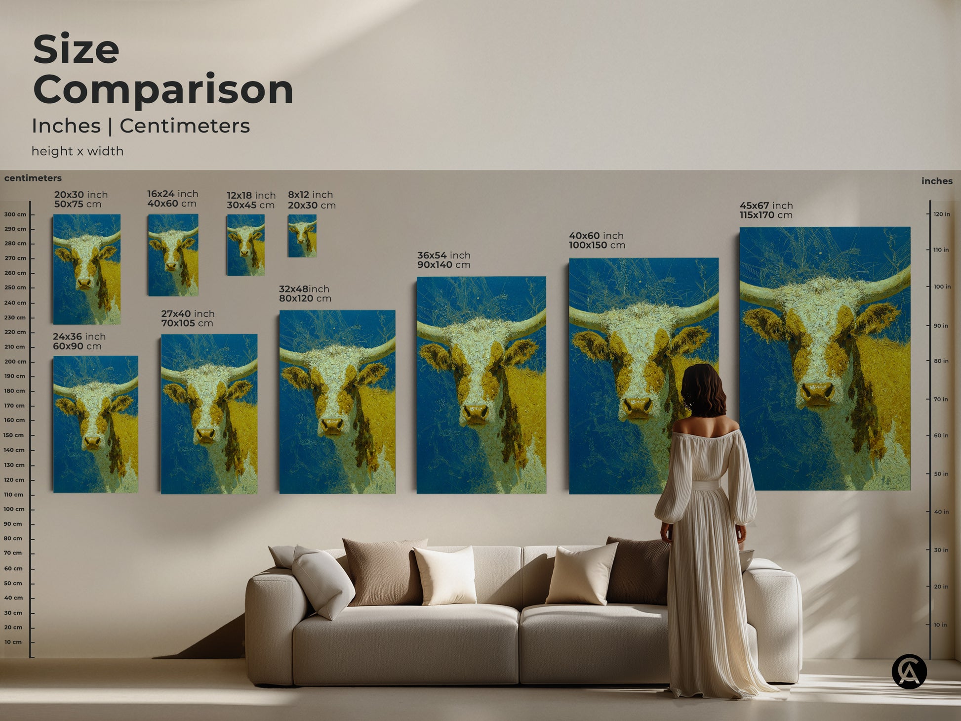 Size comparison of longhorn cow artwork in inches and centimeters. The canvas or poster prints are displayed in various sizes next to a person and a couch. Visualize the impact of this unique art in your living room.
