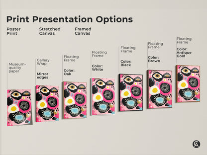 Print presentation options featuring poster prints stretched canvas and framed canvas. Each shows abstract floral artwork. Available with black brown white or gold floating frame.