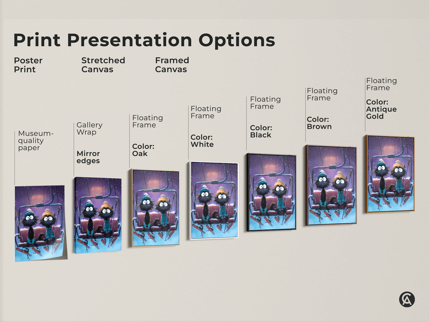 Explore print presentation options with this funny cat ski lift art. Choose from poster prints stretched canvas and framed canvas. The winter cat couple art print is perfect for eclectic home decor. It features museum quality paper gallery wrap and floating frames. Find the perfect fit for your style.