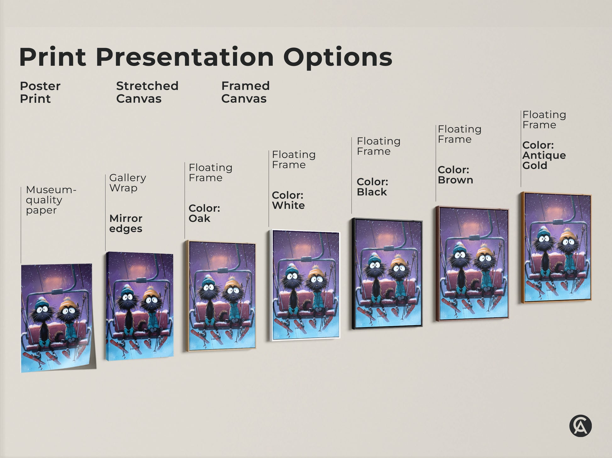 Explore print presentation options with this funny cat ski lift art. Choose from poster prints stretched canvas and framed canvas. The winter cat couple art print is perfect for eclectic home decor. It features museum quality paper gallery wrap and floating frames. Find the perfect fit for your style.