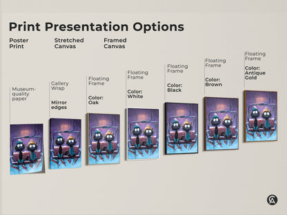 Explore print presentation options with this funny cat ski lift art. Choose from poster prints stretched canvas and framed canvas. The winter cat couple art print is perfect for eclectic home decor. It features museum quality paper gallery wrap and floating frames. Find the perfect fit for your style.
