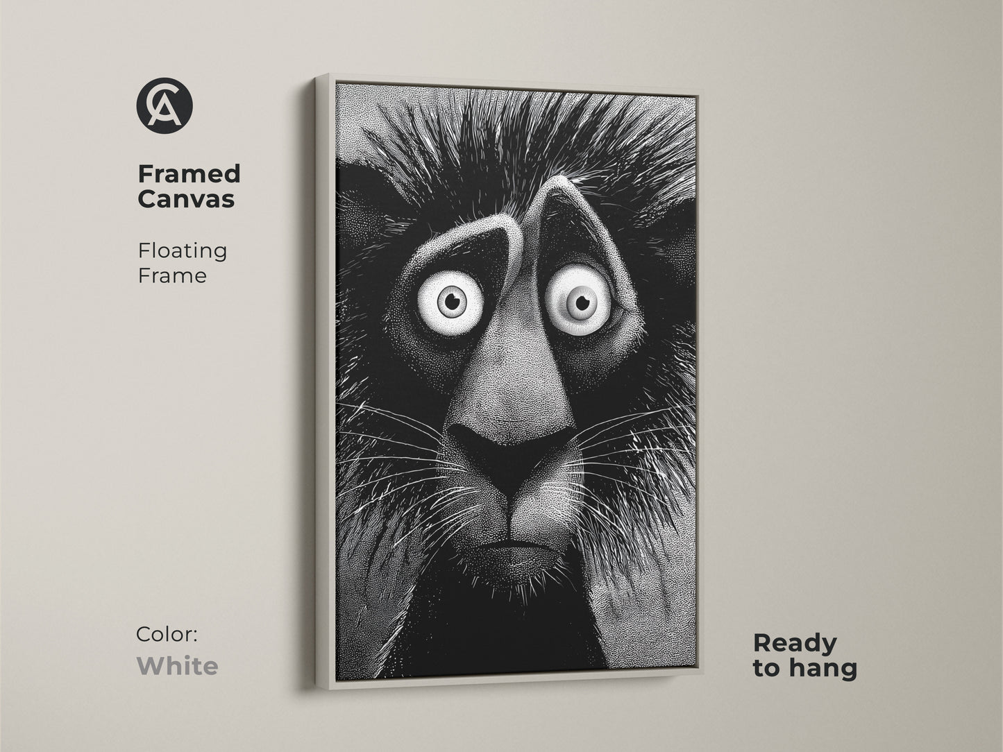 White framed canvas of a lion artwork ready to hang. This floating frame artwork features a stylized lion with an anxious expression. It will add character and charm to any room. This artwork is gallery ready.