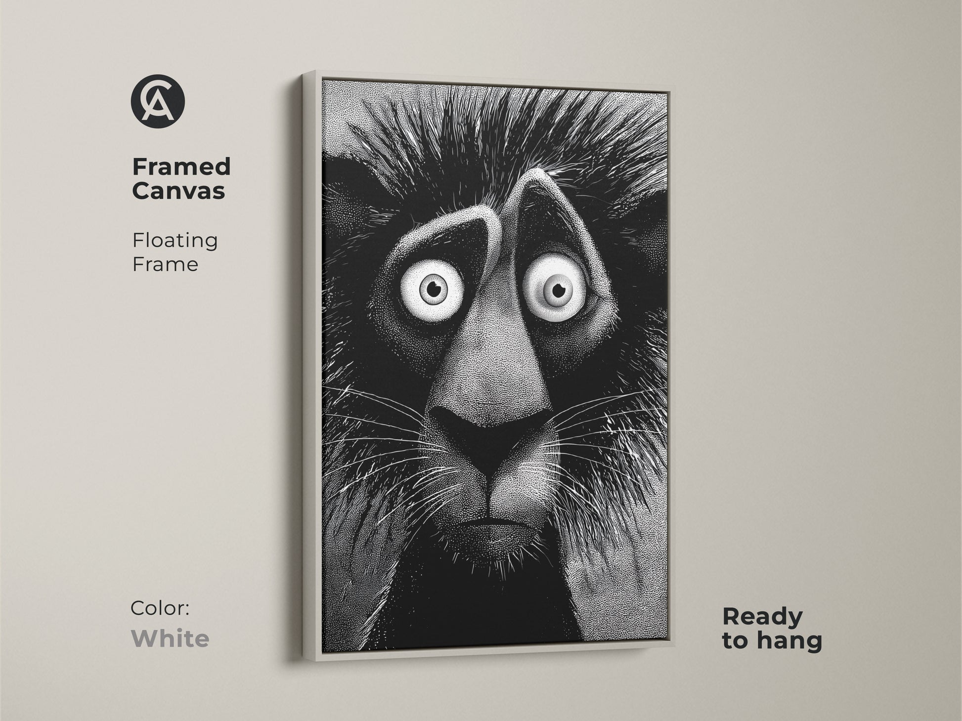 White framed canvas of a lion artwork ready to hang. This floating frame artwork features a stylized lion with an anxious expression. It will add character and charm to any room. This artwork is gallery ready.