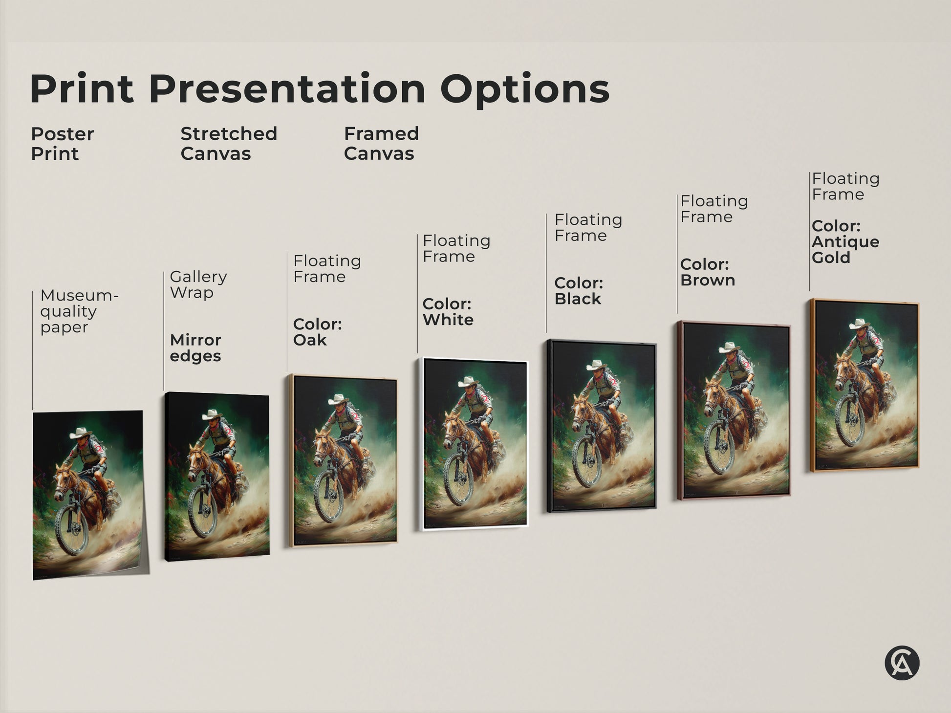Explore print presentation options with our cowboy horse riding with mountain bike art. Options include poster prints stretched canvas and framed canvas. Each offers a unique way to display this rustic outdoor adventure artwork. Find the perfect style to showcase this digital painting in your home. It has earthy colors