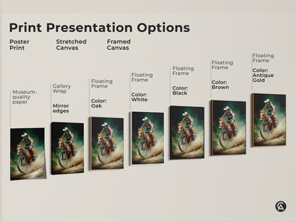 Explore print presentation options with our cowboy horse riding with mountain bike art. Options include poster prints stretched canvas and framed canvas. Each offers a unique way to display this rustic outdoor adventure artwork. Find the perfect style to showcase this digital painting in your home. It has earthy colors