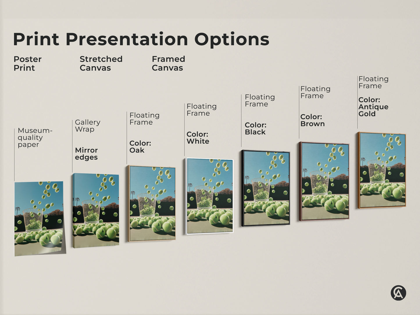 Explore print presentation options for tennis ball art. Choose from poster print stretched canvas or framed canvas. Find the perfect style to match your taste. Each option showcases the vibrant colors and unique composition of this captivating artwork.