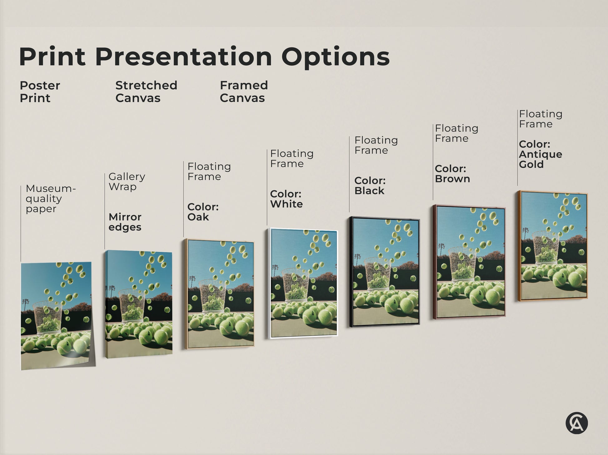 Explore print presentation options for tennis ball art. Choose from poster print stretched canvas or framed canvas. Find the perfect style to match your taste. Each option showcases the vibrant colors and unique composition of this captivating artwork.
