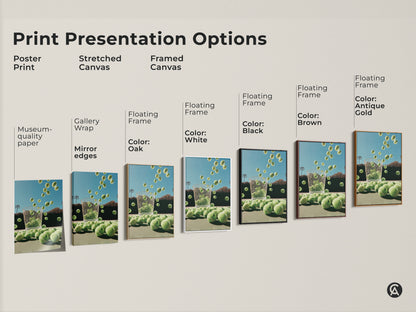 Explore print presentation options for tennis ball art. Choose from poster print stretched canvas or framed canvas. Find the perfect style to match your taste. Each option showcases the vibrant colors and unique composition of this captivating artwork.
