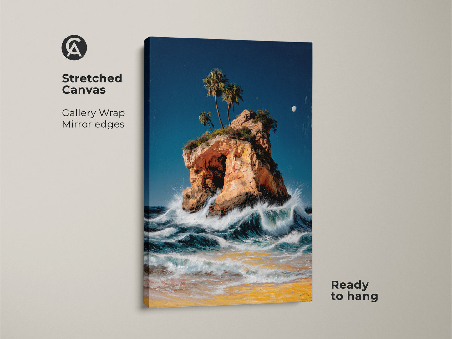 Stretched canvas artwork of a coastal island with ocean waves. The gallery wrap and mirrored edges create a modern look. Palm trees adorn the island top in this oil painting style print. Ready to hang this beach house art enhances any space. This nautical seascape evokes a tropical paradise with blue and orange tones.