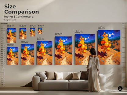 Size comparison showcasing different sizes of an impressionist autumn landscape canvas print. Sizes range from small to large scale for different home decor options. The artwork adds vibrant color and artistic flair.