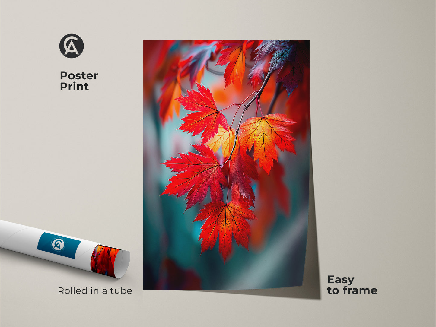 Maple leaf poster print rolled in a tube. This botanical art is easy to frame. The vibrant fall colors of this autumn leaves artwork will brighten any room. Shop now for unique wall art.