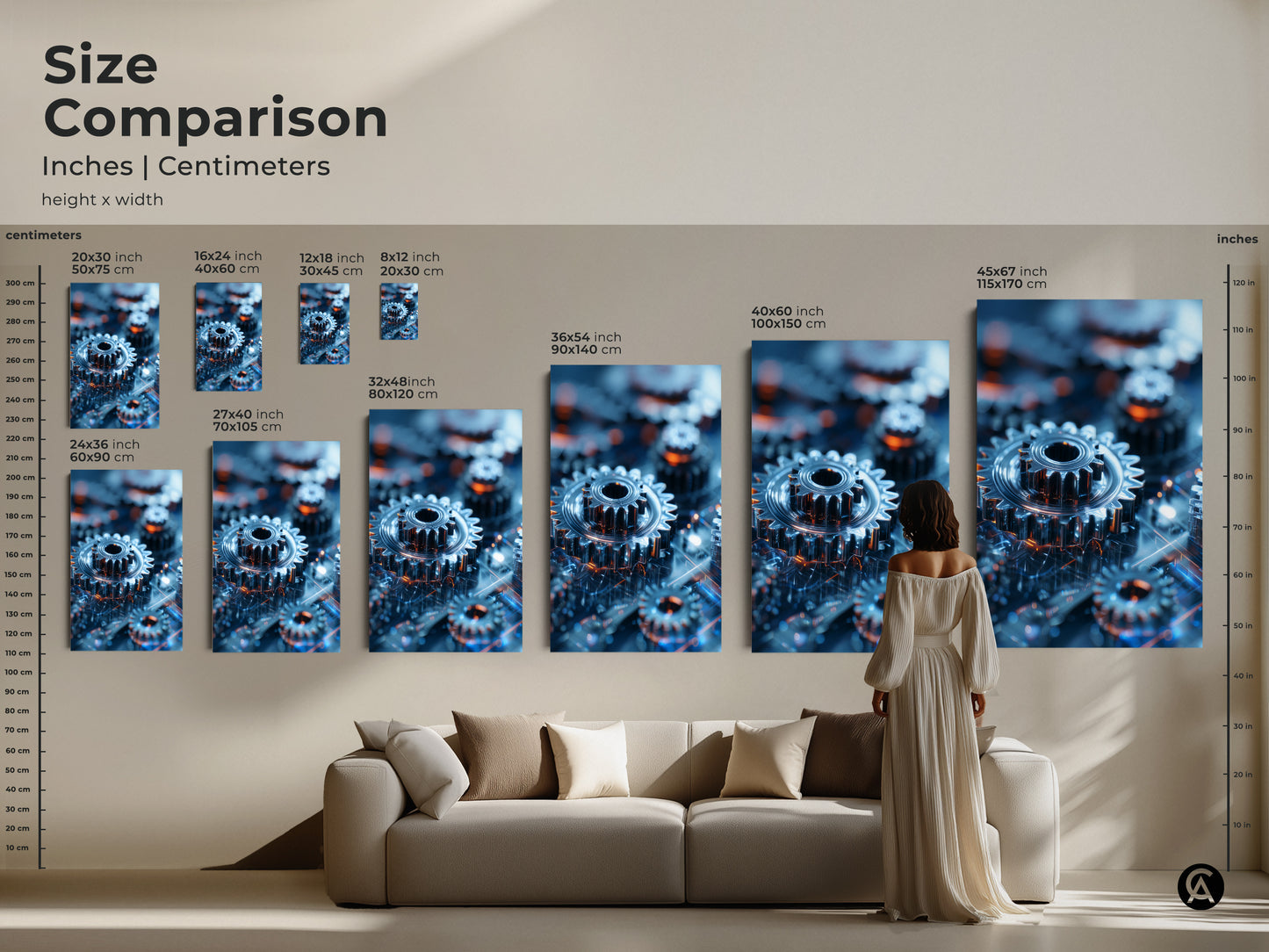 Size comparison of abstract gears artwork in a modern living room. See how canvas and poster prints fit above a sofa. Visualize dimensions from 8x12 to 45x67 inches. This industrial technology artwork enhances any space. Perfect for adding a tech-themed touch. Great for home offices workshops or as a gift.
