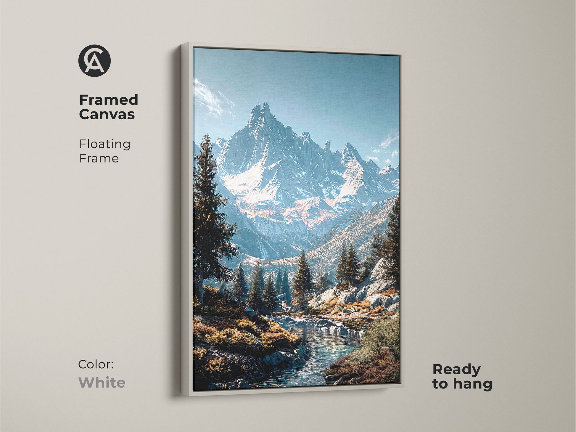 White framed canvas art print of a mountain landscape. A floating frame enhances the artwork. Snow capped mountains and river are featured in this wall art. Evergreen trees line the scene. Ready to hang. Shop framed art for your home.
