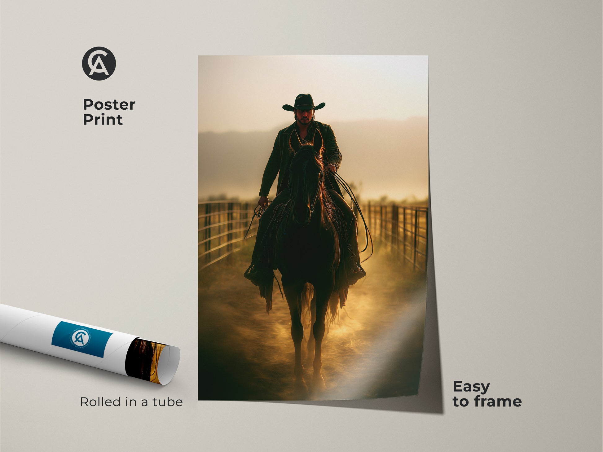 Poster print of Cowboy on Horseback art. The sepia nature scene decor comes rolled in a tube. It is easy to frame. This rustic golden brown wall art adds a vintage Western touch. Perfect for horse riding art lovers as a gift.