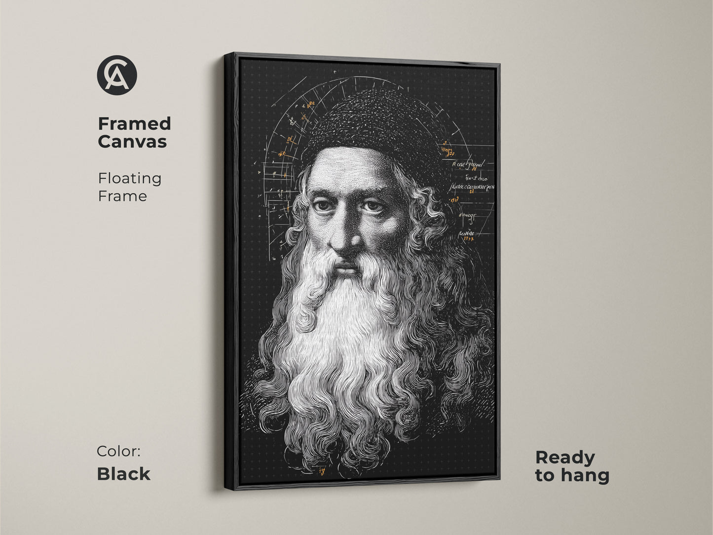 Framed canvas featuring Leonardo da Vinci art. The black floating frame enhances this Renaissance portrait. This vintage scientific diagram print adds classic art study decor. The historical figure artwork is ready to hang. Ideal for an office or study room.