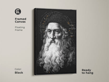 Framed canvas featuring Leonardo da Vinci art. The black floating frame enhances this Renaissance portrait. This vintage scientific diagram print adds classic art study decor. The historical figure artwork is ready to hang. Ideal for an office or study room.