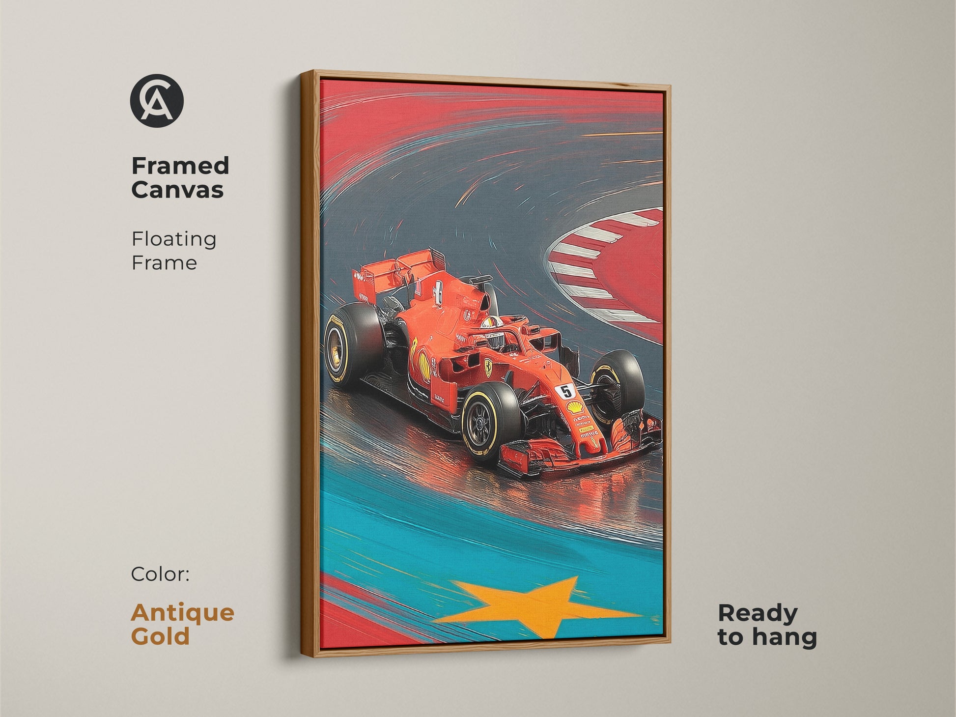 Framed canvas art with antique gold floating frame of a red F1 car. An illustrative speed demon wall hanging for any cool garage. Ready to hang this motorsport office decor captures the energy of Formula 1. A perfect F1 fan memorabilia.