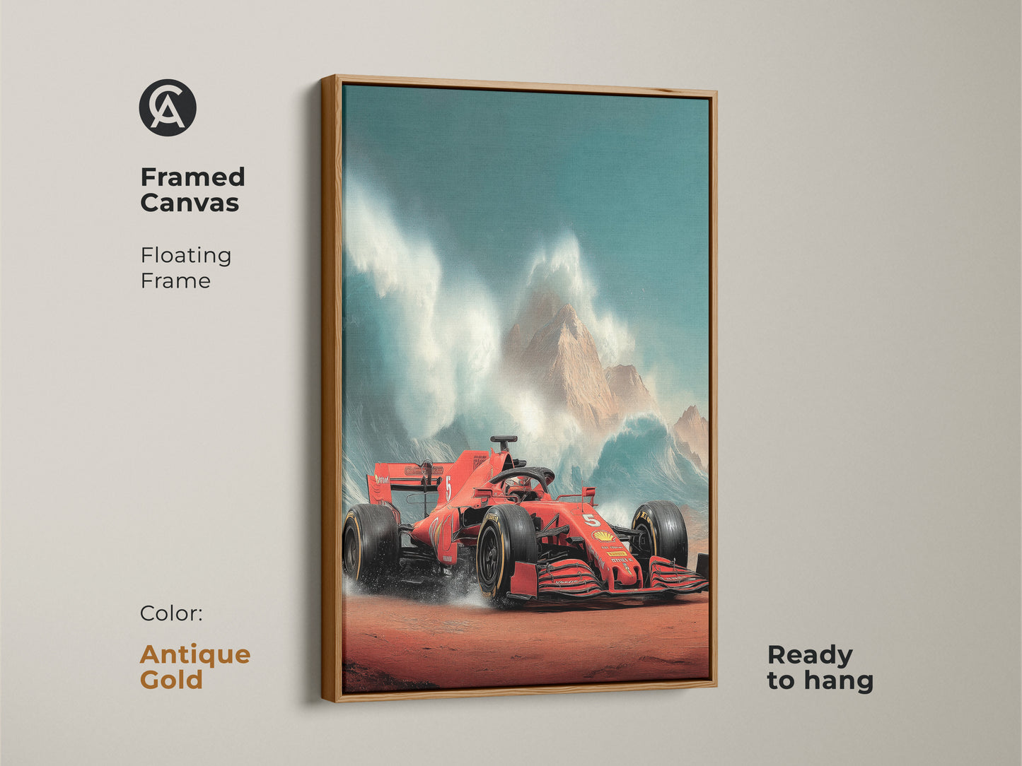 Explore this framed canvas artwork featuring a dynamic red Formula 1 car. The floating frame brings a classic touch. This modern office wall art is ready to hang. The antique gold frame enhances the high-speed car art. Perfect for a garage wall decor.