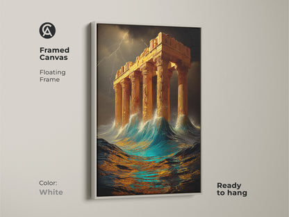 White framed canvas featuring a surreal seascape of a Greek temple. This mythology art print offers a dramatic ocean view with golden architecture. Ready to hang this piece makes for unique wall art. Ideal for study room wall decor or as a gift.