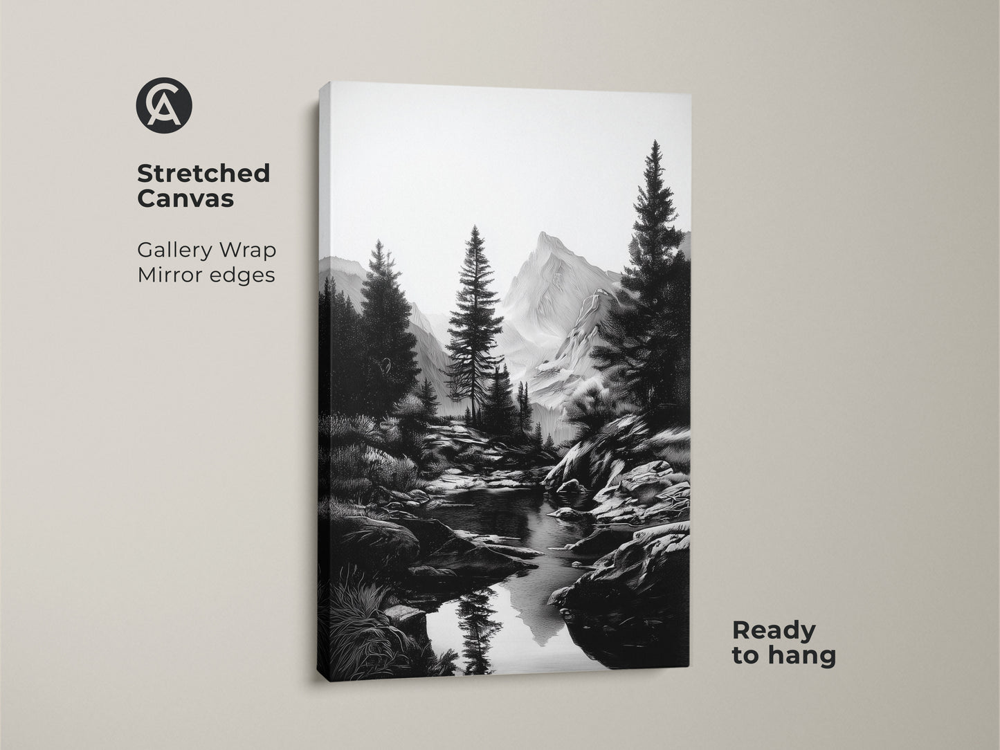 A stretched canvas of a monochrome mountain landscape. The black and white river art includes pine tree wall decor. This rustic home accent is ready to hang. Ideal minimalist nature art for outdoor enthusiasts. Gallery wrapped with mirrored edges.