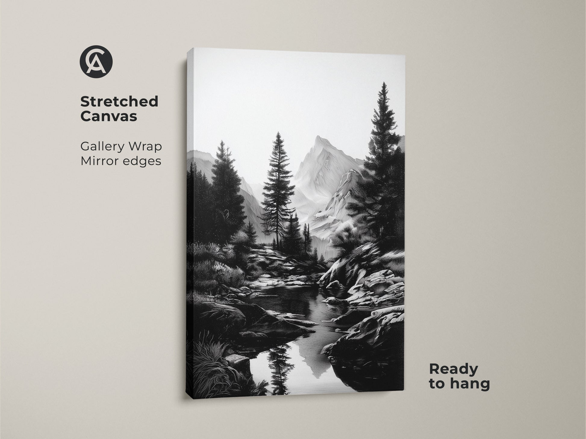 A stretched canvas of a monochrome mountain landscape. The black and white river art includes pine tree wall decor. This rustic home accent is ready to hang. Ideal minimalist nature art for outdoor enthusiasts. Gallery wrapped with mirrored edges.