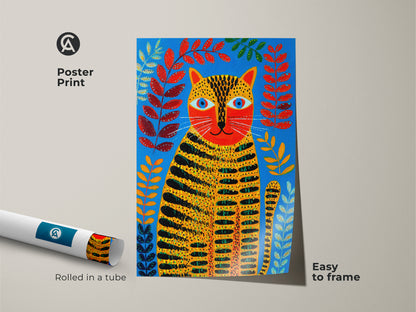 Easy to frame poster print rolled in a tube. This folk art tiger cat print has blue orange and red botanical elements. It is ideal as animal decor for a cat lover.