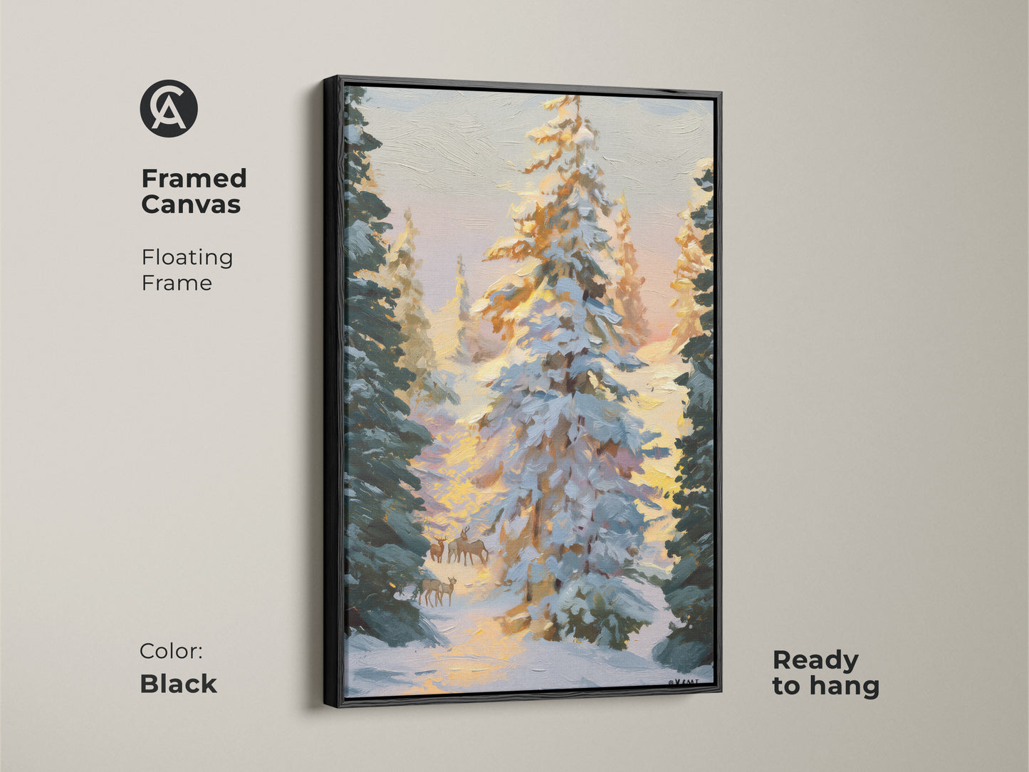 Framed Canvas version of the impressionist deer landscape. The floating frame adds a touch of elegance to this rustic winter cabin decor. Black frame enhances the cozy bedroom nature print.