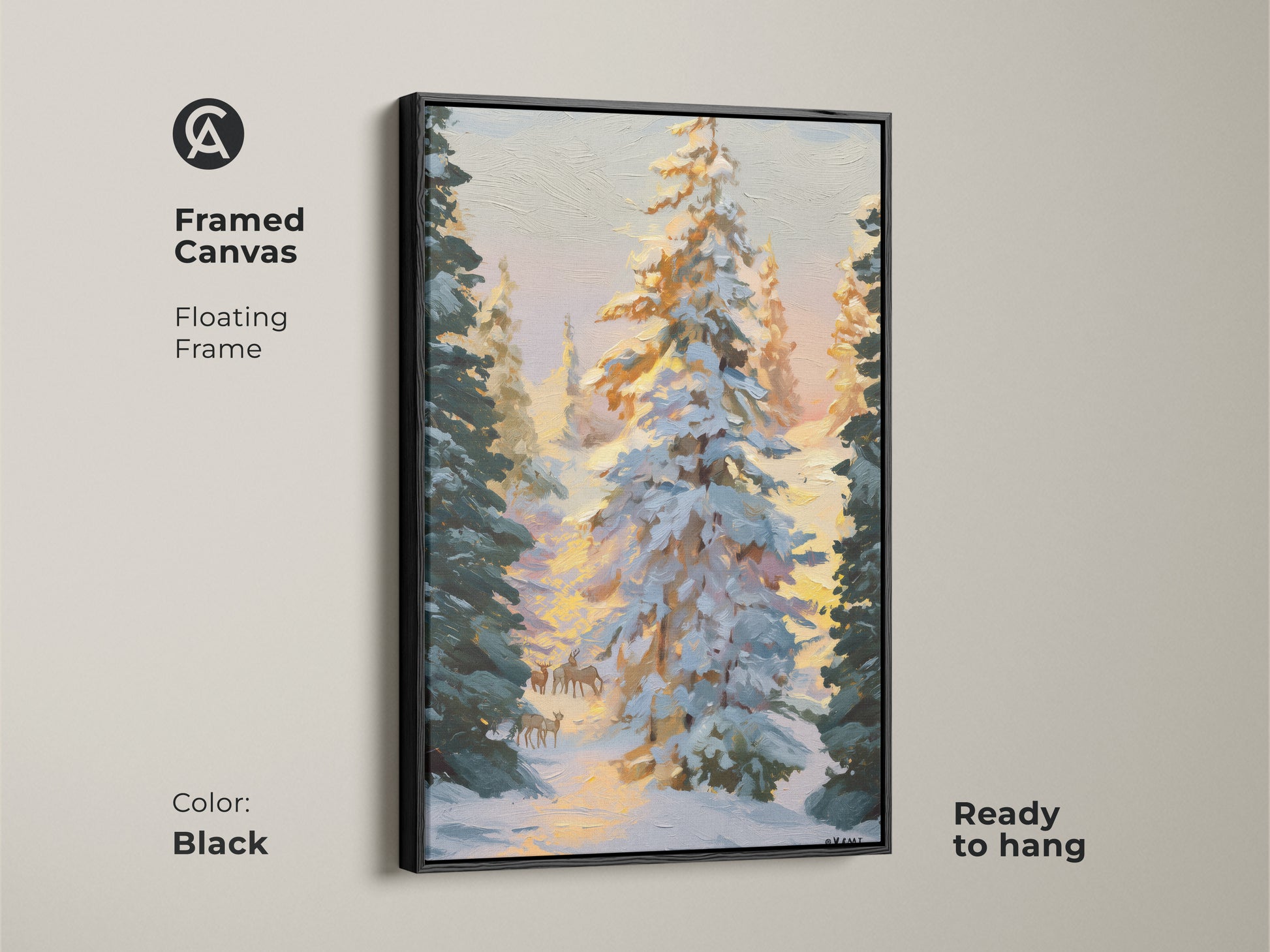 Framed Canvas version of the impressionist deer landscape. The floating frame adds a touch of elegance to this rustic winter cabin decor. Black frame enhances the cozy bedroom nature print.