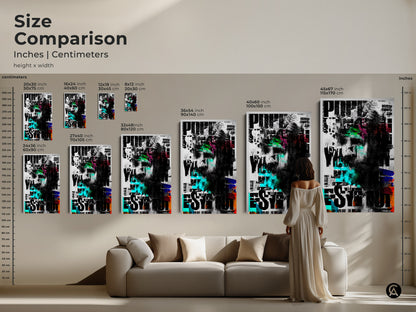 Size comparison of abstract face artwork in a living room. Different canvas and poster sizes are displayed above a sofa. The modern collage uses glitch art in black white and green. Visualize the perfect fit for your modern home art. Transform your living space today.