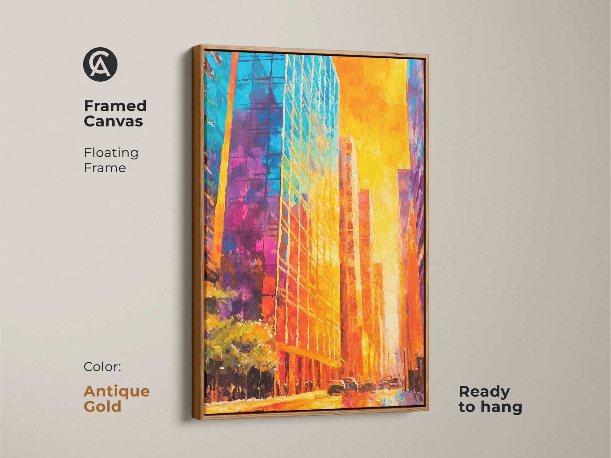 Framed canvas print of a vibrant city in an antique gold floating frame. This eye-catching artwork adds a touch of glam to your space. The framed canvas is ready to hang. It's perfect for adding a unique accent to your home. Discover our framed art selection