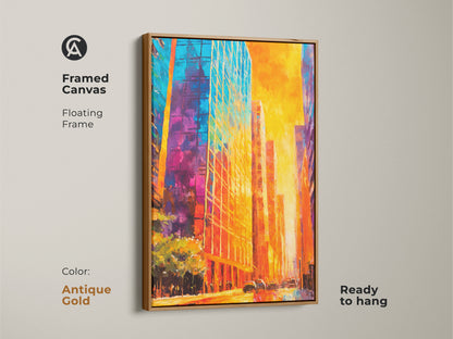 Framed canvas print of a vibrant city in an antique gold floating frame. This eye-catching artwork adds a touch of glam to your space. The framed canvas is ready to hang. It's perfect for adding a unique accent to your home. Discover our framed art selection