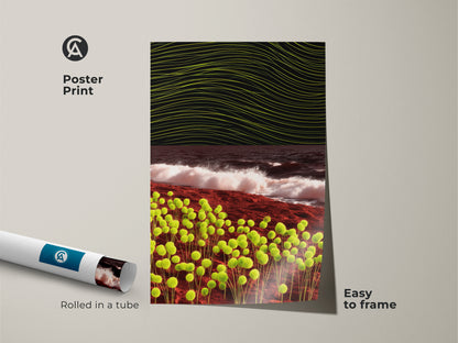 Poster print of abstract landscape art. Lime green orbs and waves create a contemporary surreal scene. Rolled in a tube for easy framing. Perfect minimalist nature wall decor.