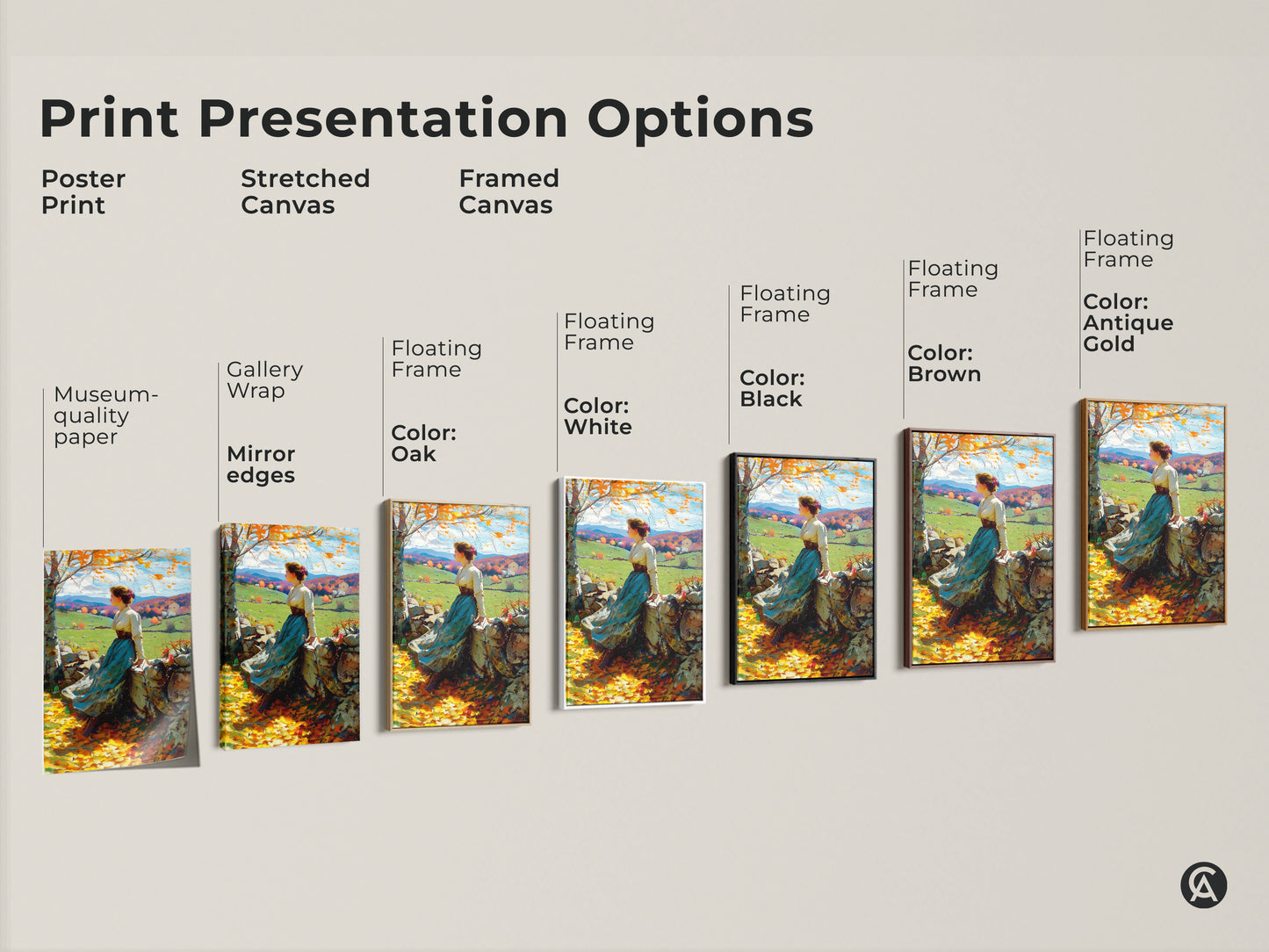Explore art presentation options with this autumn landscape artwork. See it as a poster print or stretched canvas. It's also available as a framed canvas. Choose from floating frames in colors like black brown antique gold and white. Find the perfect style to match your aesthetic.