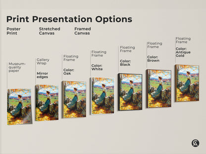 Explore art presentation options with this autumn landscape artwork. See it as a poster print or stretched canvas. It's also available as a framed canvas. Choose from floating frames in colors like black brown antique gold and white. Find the perfect style to match your aesthetic.