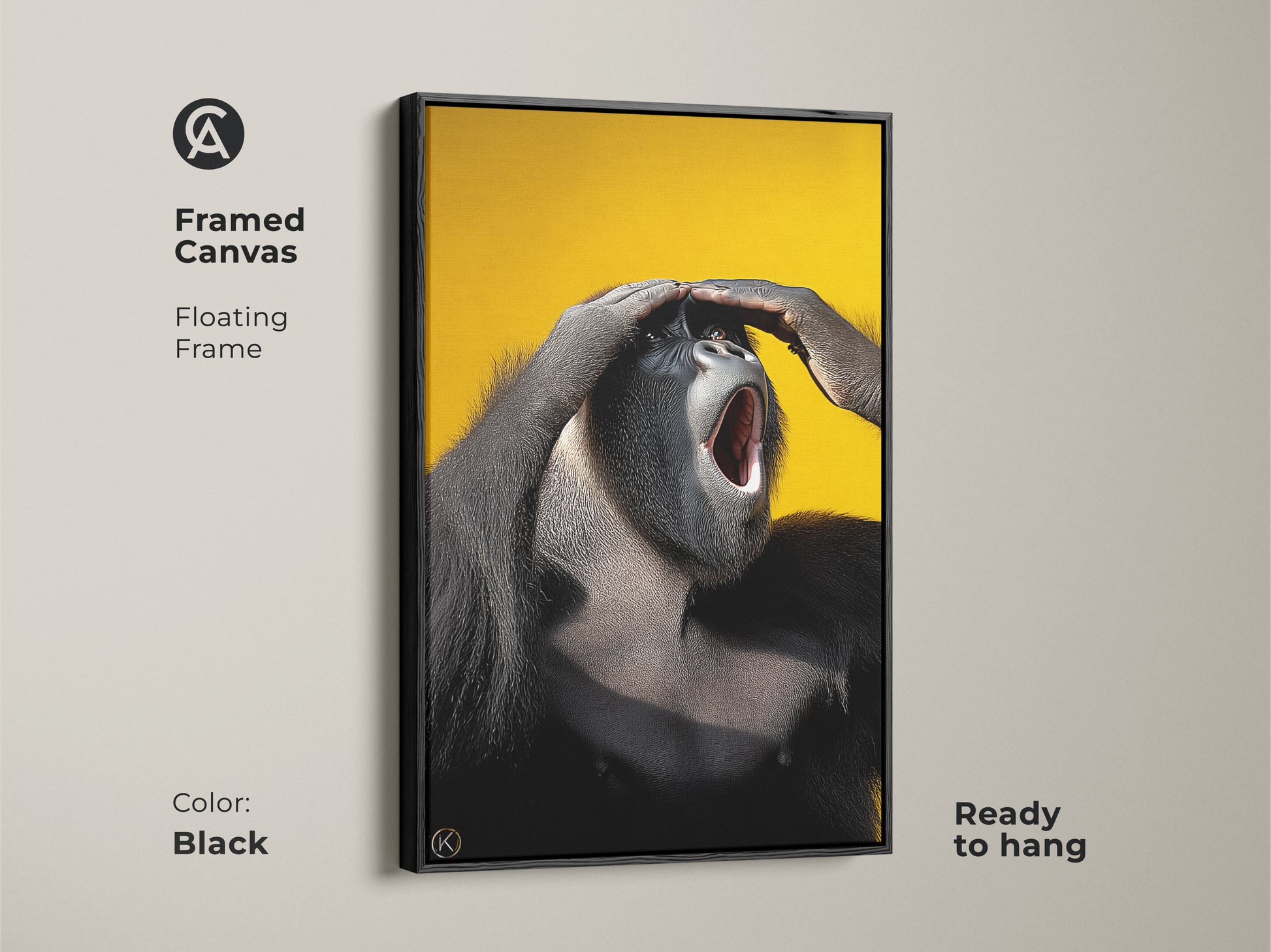 Framed canvas of a photorealistic gorilla. This wildlife primate portrait features a floating frame and a black frame color. Bold yellow backdrop. Ready to hang office decor for animal lovers.